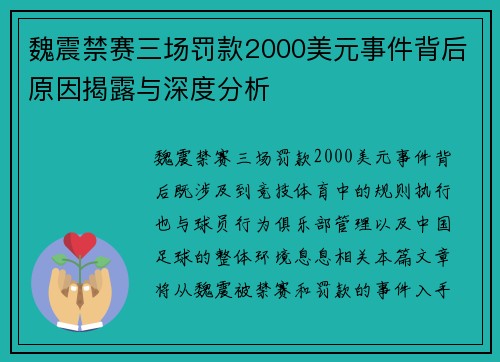 魏震禁赛三场罚款2000美元事件背后原因揭露与深度分析